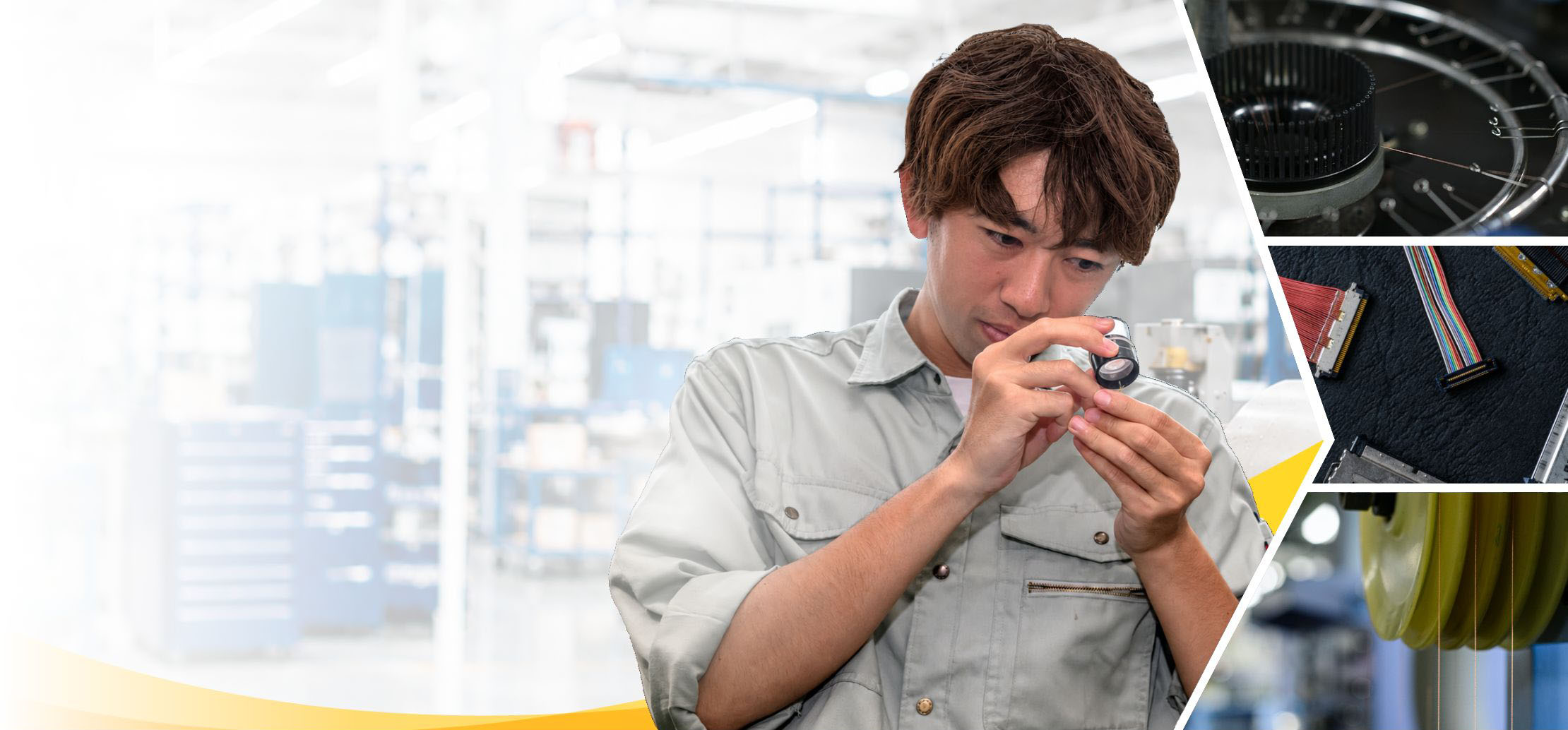 顕微鏡でケーブルを加工する社員